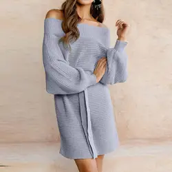 2018 Новый Свободный Длинный свитер женский зимний сексуальный длинный рукав однотонный с открытыми плечами ремень вязаный свитер платье