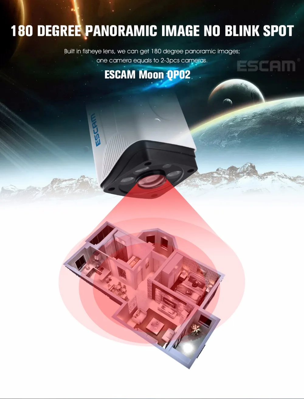 Escam Moon QP02 2MP HD 1080P Wi-Fi камера с сигнализацией, наружная цилиндрическая IR-Cut ip-камера с разрешением 180 градусов, поддержка Макс 64 ГБ, TF карта