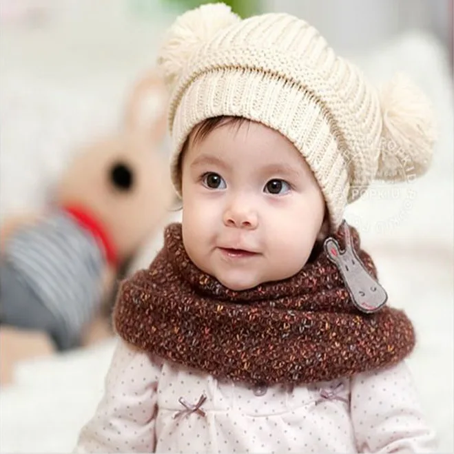 

Korean version children Autumn winter double ball cap baby wool knitted turtleneck cap Comfortable and warm