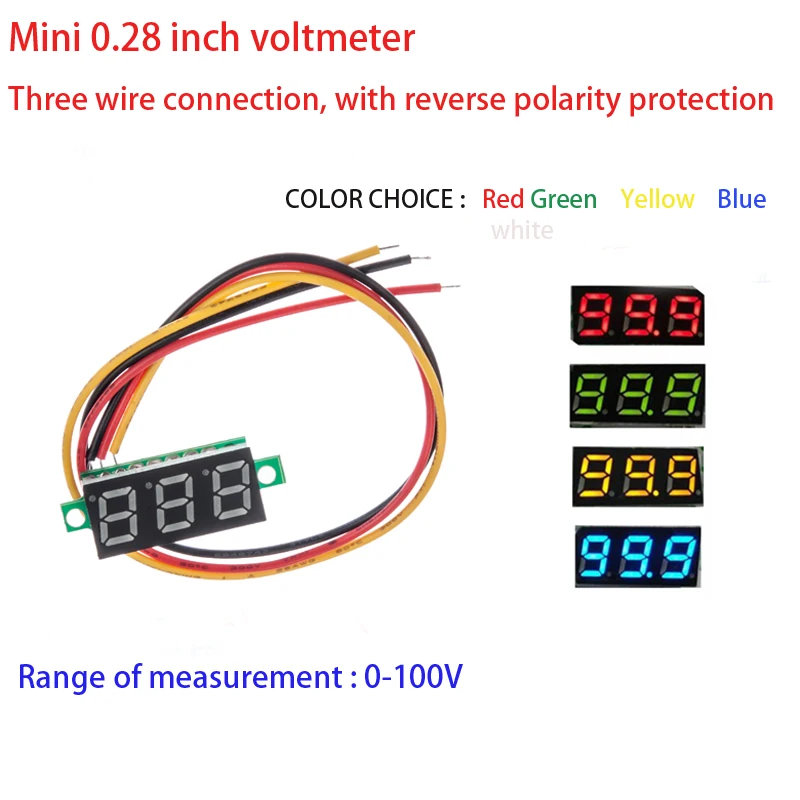 

5PCS a lot MINI 0.28 inch DC digital voltmeter three line adjustable DC 0-100V voltmeter red yellow blue green white