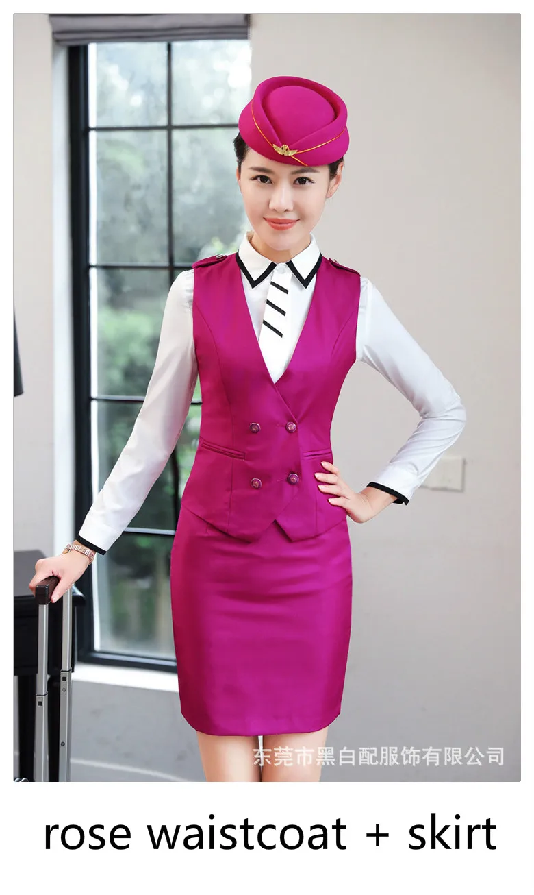 Деловой женский костюм жилет и юбка v-образный вырез двубортные с пуговицами для гостиницы Униформа банк стюардесса официантка жилет - Цвет: Rose Vest Skirt