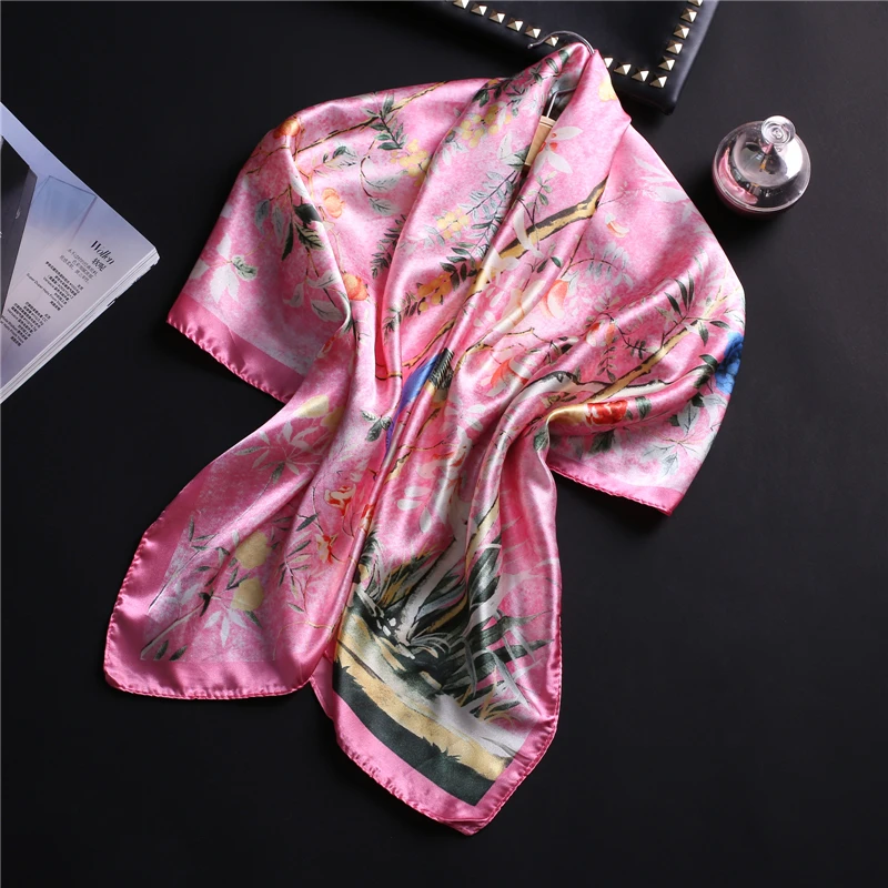 

Elegant Lady Silk Scarf Flower Print Large Square Scarfs Shawl Women Foulard Hijab Summer Female Headband Scarves 2019 New