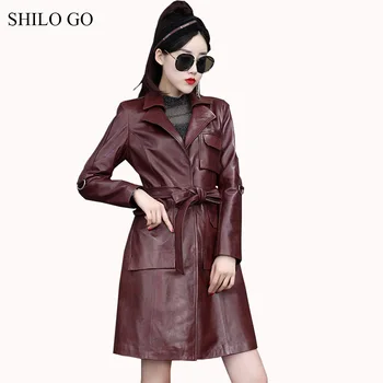 

SHILO GO Leather Trench Womens Spring Fashion sheepskin genuine long coat lapel collar bow belt wine red office lady OL coat