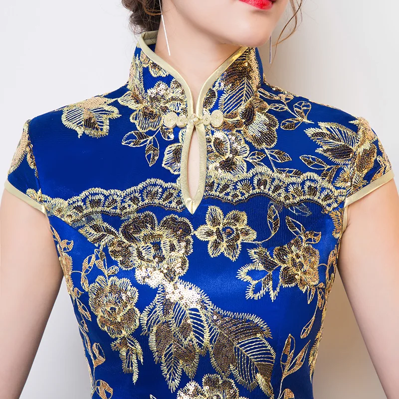 Синее свадебное платье Cheongsam, Восточное вечернее платье, китайское традиционное женское элегантное платье Qipao, сексуальное кружевное длинное платье в стиле ретро, Vestido