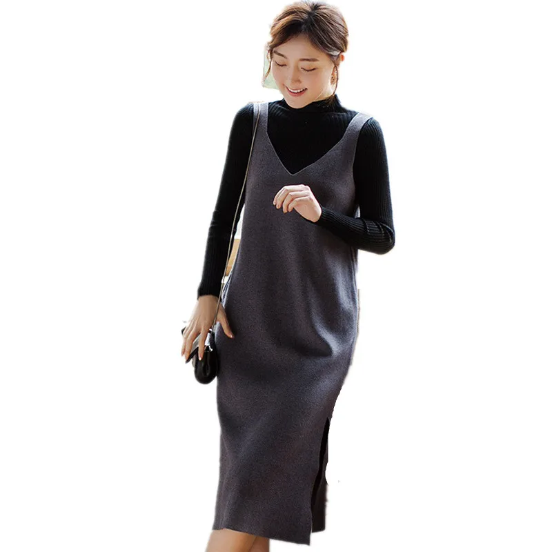 Spring Splited Knitted Straight Dress Women Tank Sleeveless Dress Winter Green Black Sexy Dress 2017 Evening