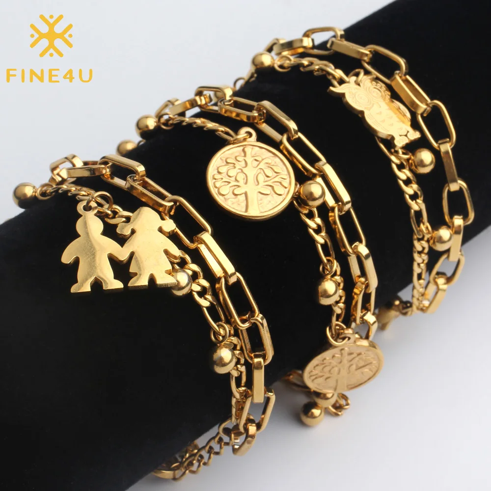 Hot Sale Bracelet Charm Stainless-Steel FINE4U Gold-Figaro Girl Double-Layer Women for B125 Tree-Owl 6MRMByaq