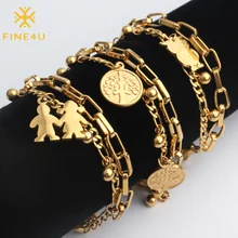 FINE4U B125 Stainless Steel Tree Owl Boy and Girl Charm Bracelet Double Layer Gold Figaro Chain Bracelets For Men Women