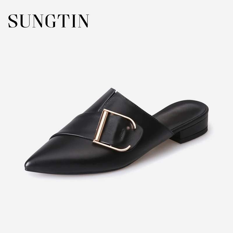 Sungtin High Quality Cow Leather Slippers Women Casual Flat Shoes Sexy Pointed Toe Slip-On Slippers Summer Slides Female Mules women sexy high heel mules clogs pointed toe platform ladies leather sole slippers female slip on sandal shoes