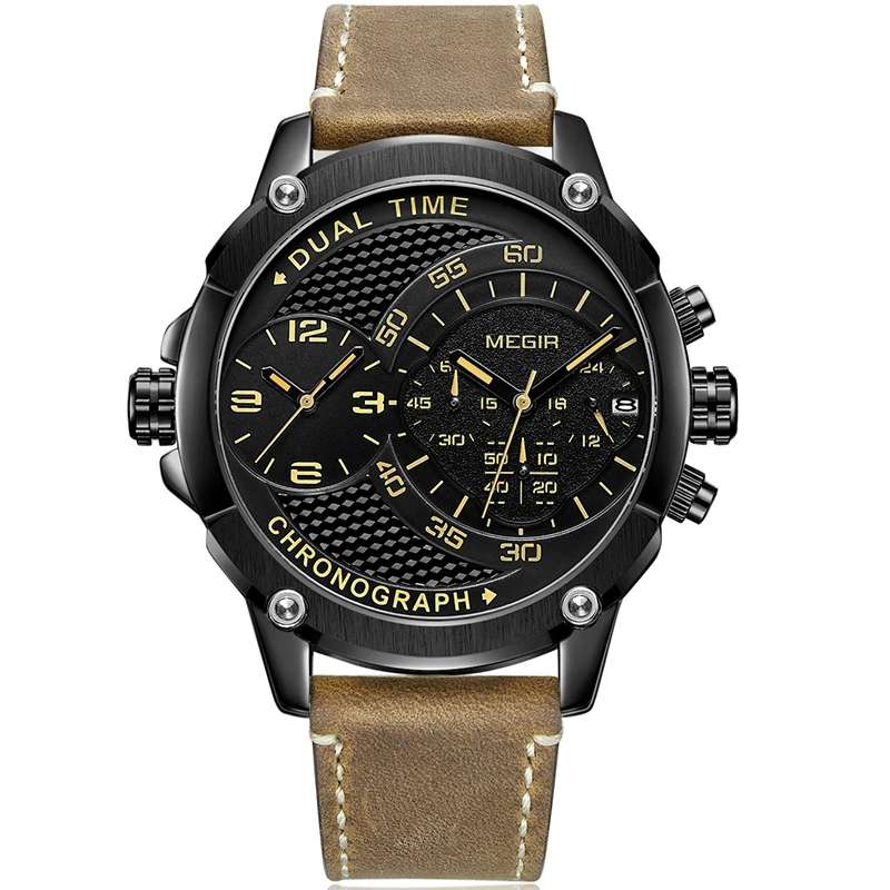 

MEGIR Fashion Leather Men Watches Military Sports Design 2 Time Zones Rectangle Quartz Wrist Watches for Men Relogio Masculino