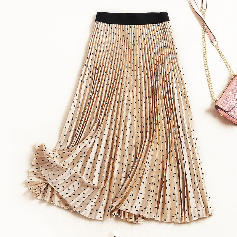 

hot woman summer chiffon pleated skirt dots printed ladies mid skirts casual female spring new skirt cheap