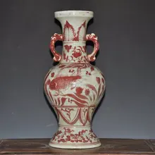 Антикварная красная фарфоровая ваза династии Мин в стиле подглазка с дизайном рыбы для коллекции