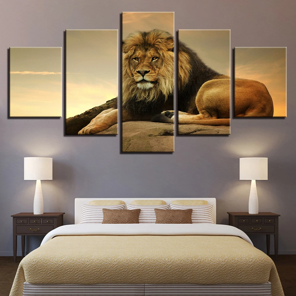 Canvas-HD-Prints-Poster-Wall-Art-Animal-Pictures-Framework-5-Pieces-The-King-Of-Beasts-Lion