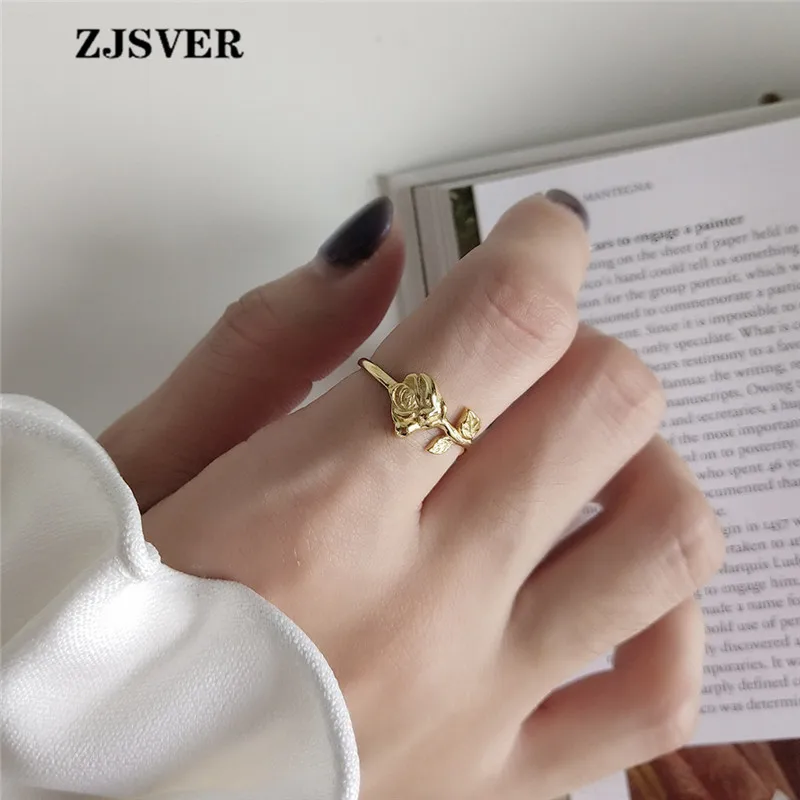 

ZJSVER Korean Jewelry 925 Sterling Silver Rings Golden Fashion Rose Flower Shape Opening Adjustable Women Ring For Party Gift