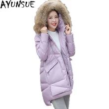 AYUNSUE/ женский пуховик длинный пуховик с капюшоном из натурального меха енота свободные зимние пальто на молнии Doudoune Femme ST101