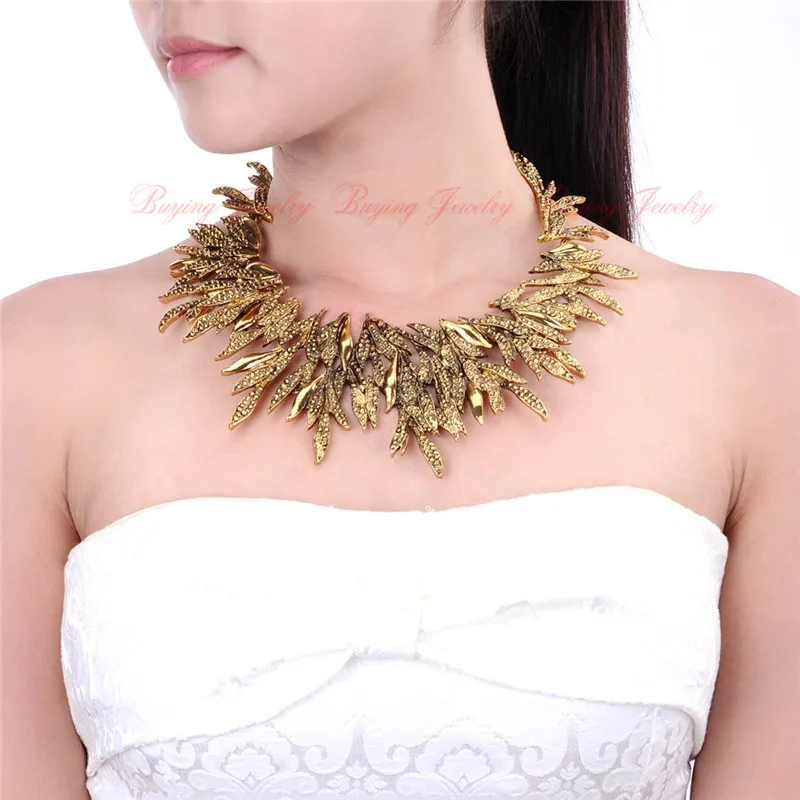 Women Gold Leaves Chain Collar Choker Chunky Statement Bib Pendant Necklace