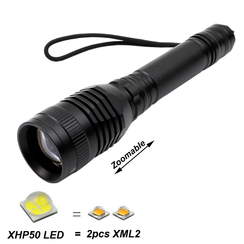 

New LED Tactical Flashlight XHP50 / XHP70 Highlight 2000 Lumens lanterna aluminum Long Shot zoomable LED 2 x 18650 torch