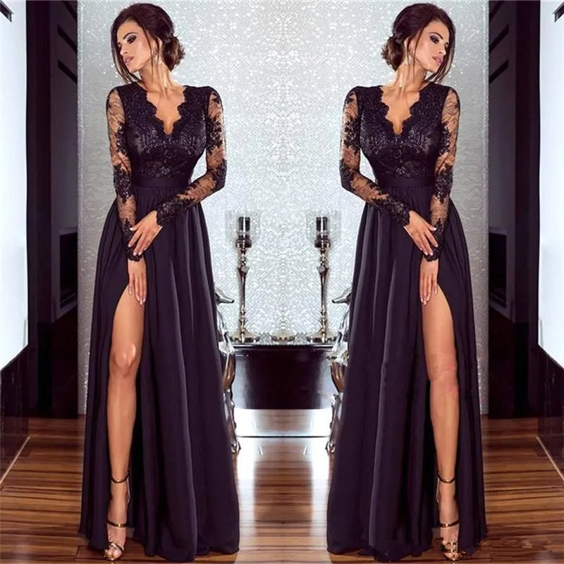 Vestido de festa Черное вечернее платье 2019 с длинным рукавом V образным вырезом Вечеринка платье халат de soiree Высокая Сплит вечернее платье для