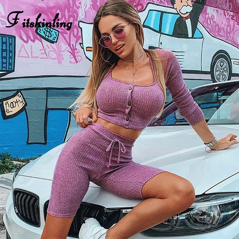 

Fitshinling Long Sleeve Crop Top Biker Shorts Women Suits Buttons Purple Solid Two-Pieces Set Female Sexy Fitness Matching Suit