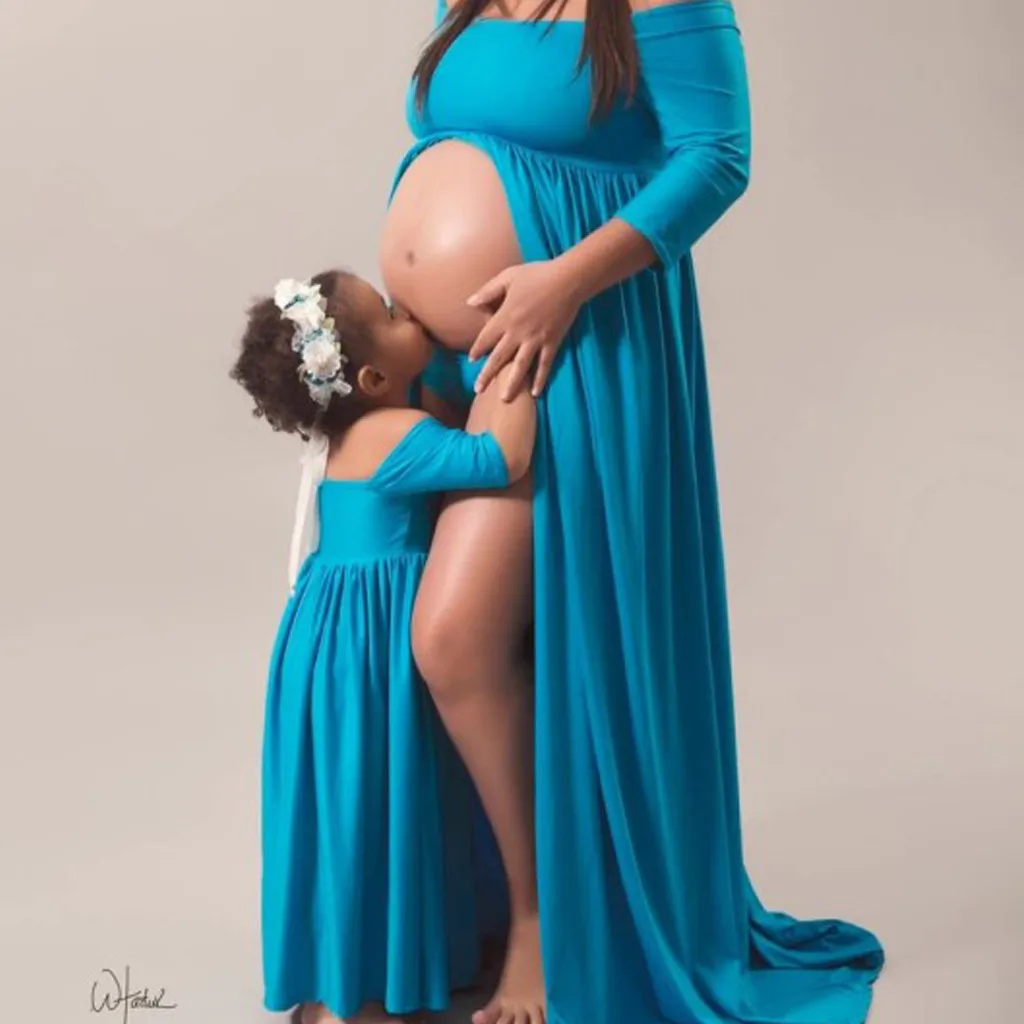 Family Matching Clo thes Mommy＆Me Pregnants Child Photography Props Off Shoulder Long Dress Nursing Dress Mom And Daughter Dress