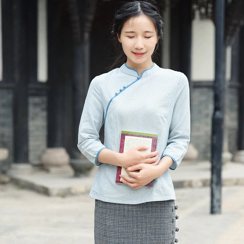 Весна китайский хлопок лен книги по искусству Стенд воротник плиты Кнопка семь рукава тонкий рубашка в полоску для женщин