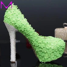 Green Color Evening Party Shoes 2016 Autumn New Design Lace Flower Bridal Wedding Dress Shoes Cheap Bridesmaid Shoes Prom Pumps