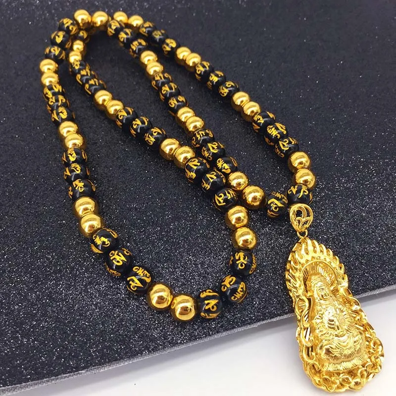 Вьетнамский аллювиальный Золотой Ом Мани Падме Хум шесть слов мантра Гуаньинь ожерелье "Будда" - Окраска металла: Gold