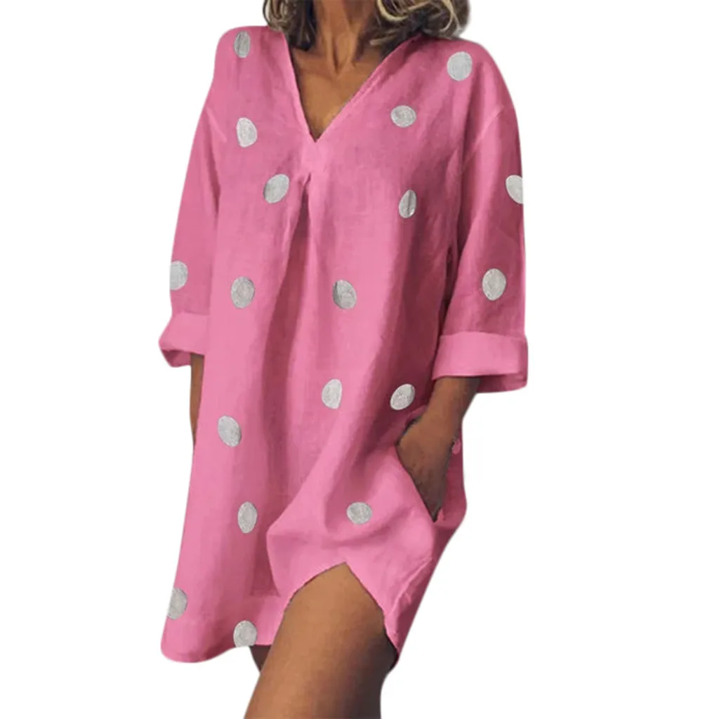 

2019 Spring Summer New Womens Holiday Boho Dot Print Ladies Summer Pomisi Loose Beach Party Dress Casual Loose Dress