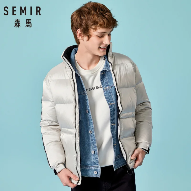 

SEMIR Men Short Down Jacket with Zip Men Down Filling Stand-up Collar Puffer Jacket with Slant Pocket Hook-and-loop at Cuffs