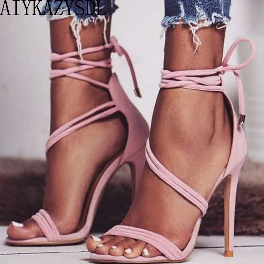 

AIYKAZYSDL 2018 Bandage Shoes Women Sandals Sexy Lace up Woman High Heels Gladiator Sandalias Narrow Bond Thin Heels Plus Size