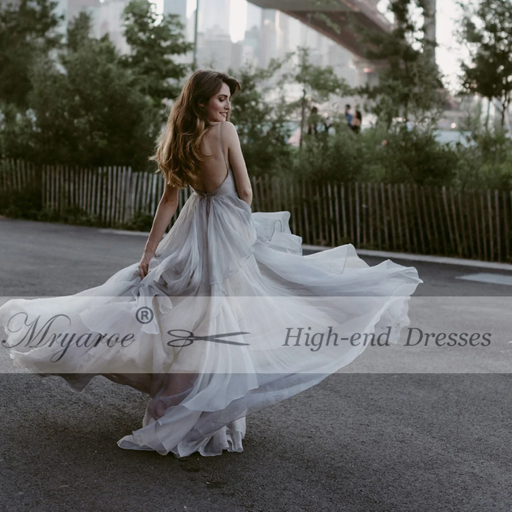 Mryarce 2019 Gray and Blue Printed Silk Chiffon Wedding Dress Hand-painted Fancy Open Back Bridal Gowns  (1)