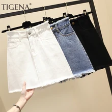 TIGENA размера плюс мини джинсовая юбка женская летняя корейская мода А-силуэт высокая Талия Джинсовая юбка женская черная белая юбка