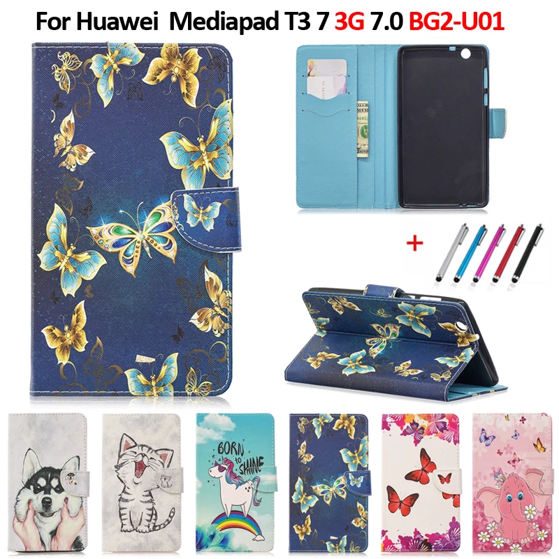 

Cute Cat Unicorn Puppy Butterfly Tablet Cover For Huawei Mediapad T3 7 3G BG2-U01 Stand Wallet Case For Huawei T3 7 (3G) Case