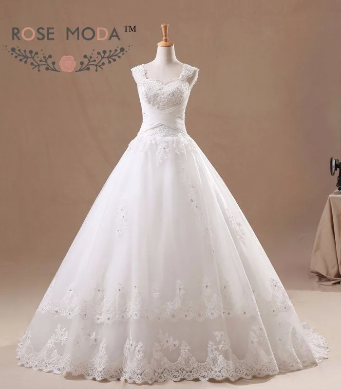 Cap Sleeves Lace Full A Line Wedding Dress Pearl Beaded Lace Up Back