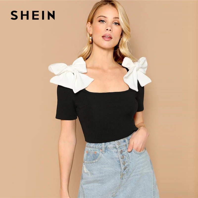 

SHEIN Black Contrast Bow Square Neck Tops Women Summer 2019 Short Sleeve Blouse Elegant Party Highstreet Slim Fit Blouses