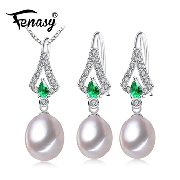 

FENASY 925 Sterling Silver Jewelry Sets Bohemian Emerald Green Cubic Zirconia Pendant Necklaces Natural Pearl Earrings For Women