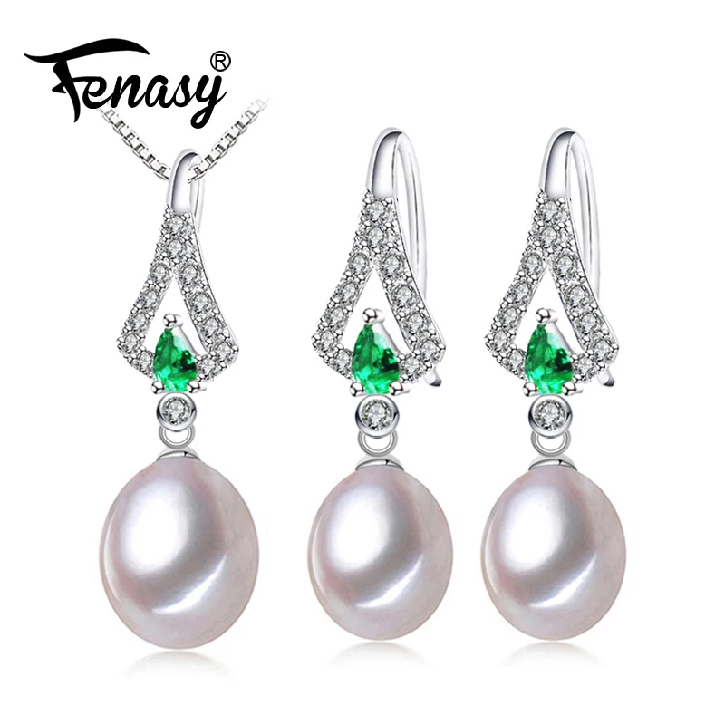 

FENASY S925 silverPearl Jewelry Sets Pearl Pendant Necklace Earrings For Women Engagement Ring Leaves Emerald Leaf Earrings