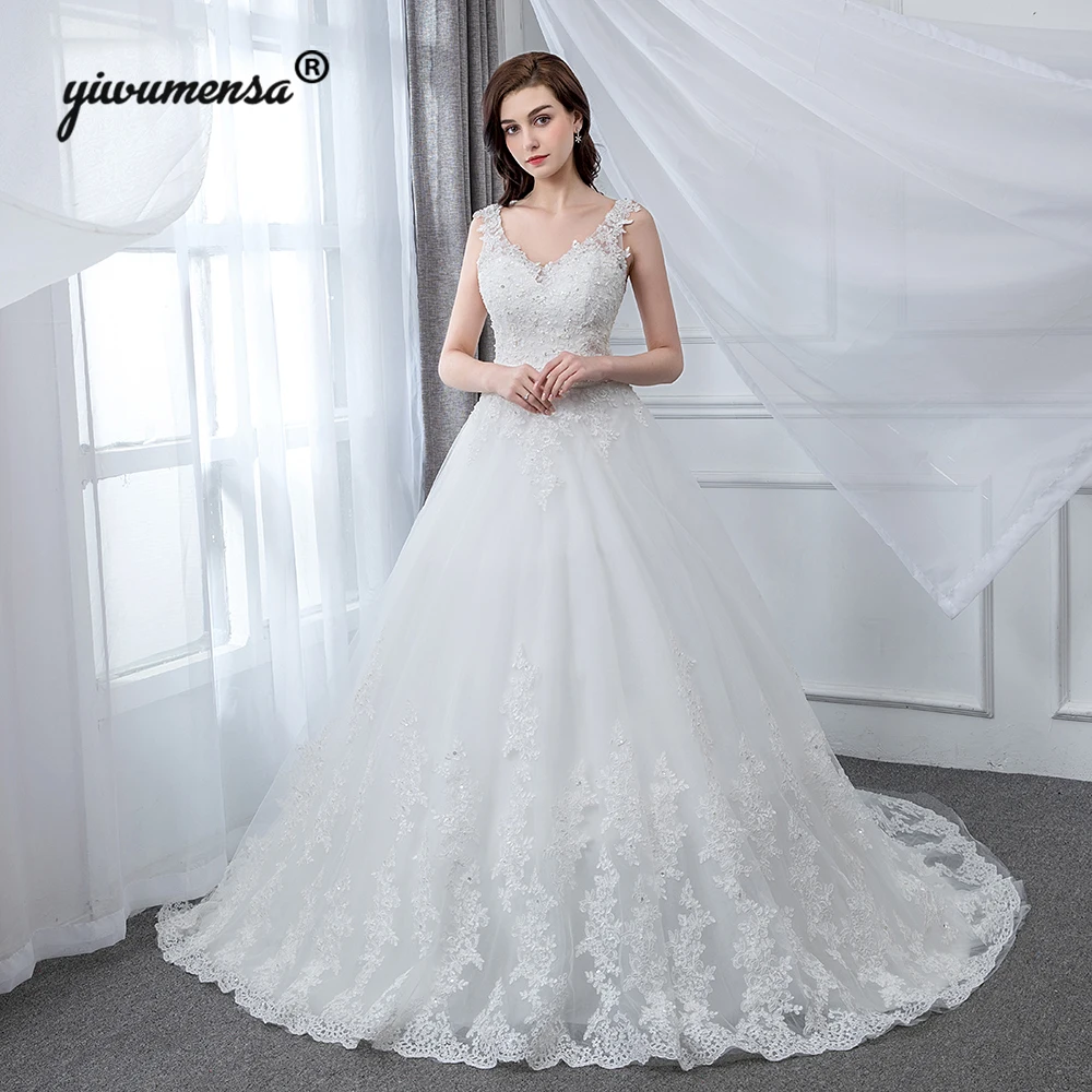 Robe De Mariage 2019 Vestidos novia Спагетти ремень V образным вырезом бисер перевязи свадебное платье Линия Свадебные платья спинки