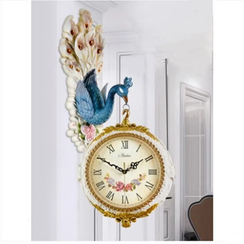 European wall clock double-sided clock living room fashion clock creative personality peacock decorative art silent clock