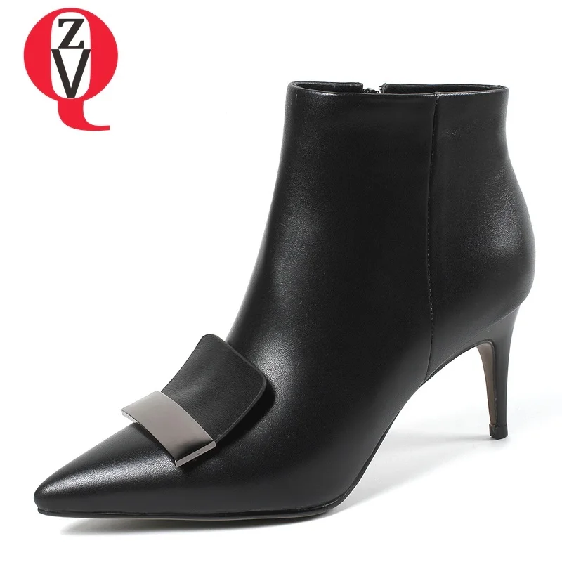 

ZVQ women boots newest genuine leather metal decoration zip large size black and apricot winter plush warm comfortable booties