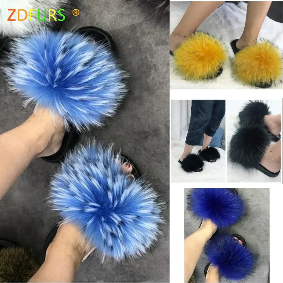Женские шлепанцы с натуральным мехом енота ZDFURS * повседневные летние лисьим