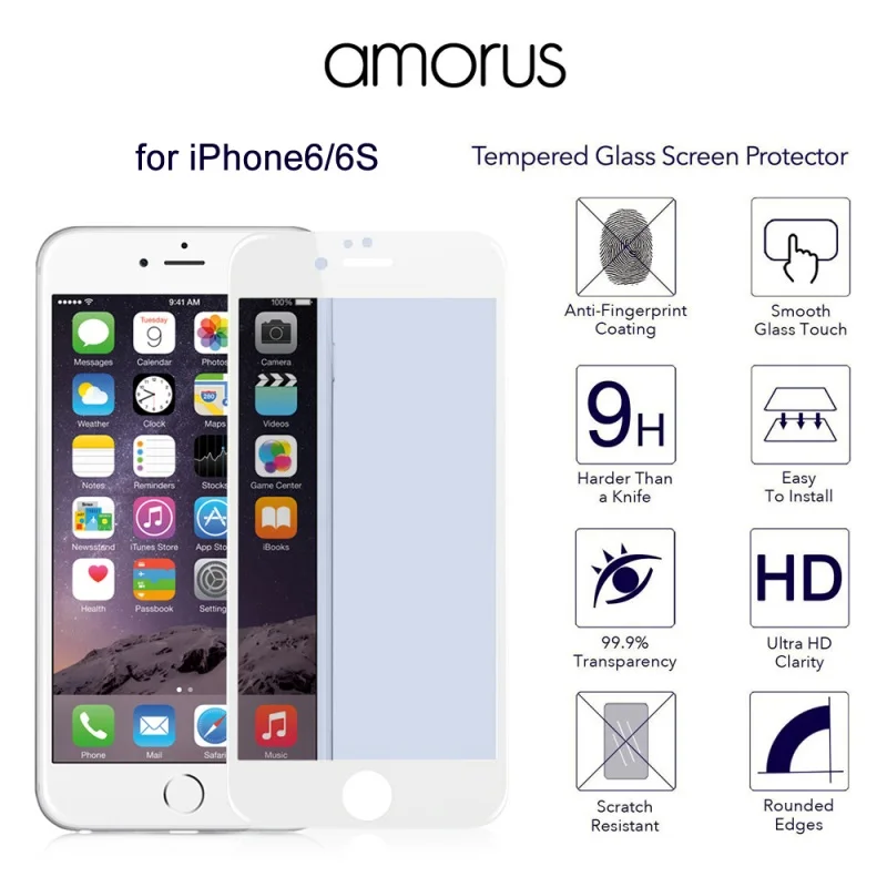 AMORUS for iPhone 6s 6 3D Plating Anti blue ray Tempered Glass Screen Guard Full Cover