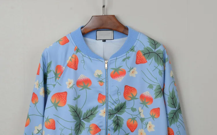 Strawberry Printed Jacket Women Outerwear Spring Baseball Outerwear 2019 Clothes Print O-Neck Pockets Jackets Coat Women