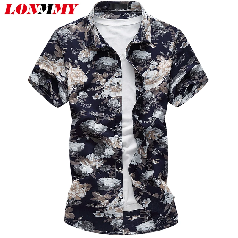 LONMMY Плюс Размер 6XL Цветочная Рубашка мужская повседневная Camisa social masculina цветок мужские рубашки платье с коротким рукавом Блузки 2018 лето