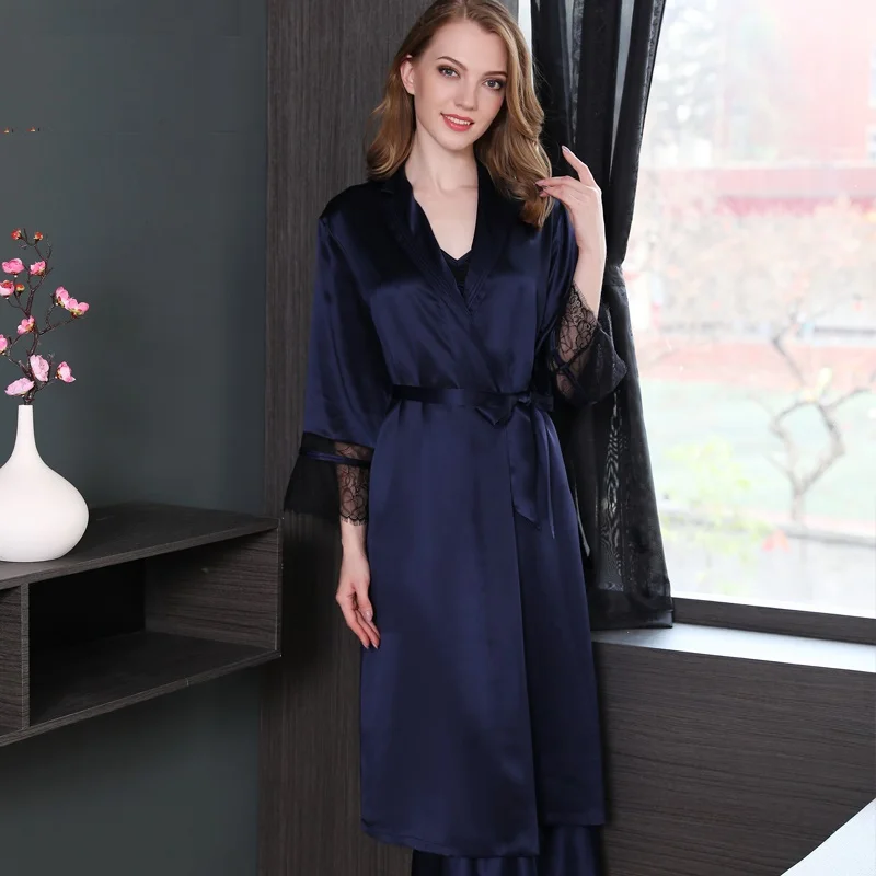 Для женщин 100% шелк пятен robes2019woman шелк Лето Весна кружево лоскутное длинный рукав синий пикантные халаты пижамы Домашняя одежда lounge