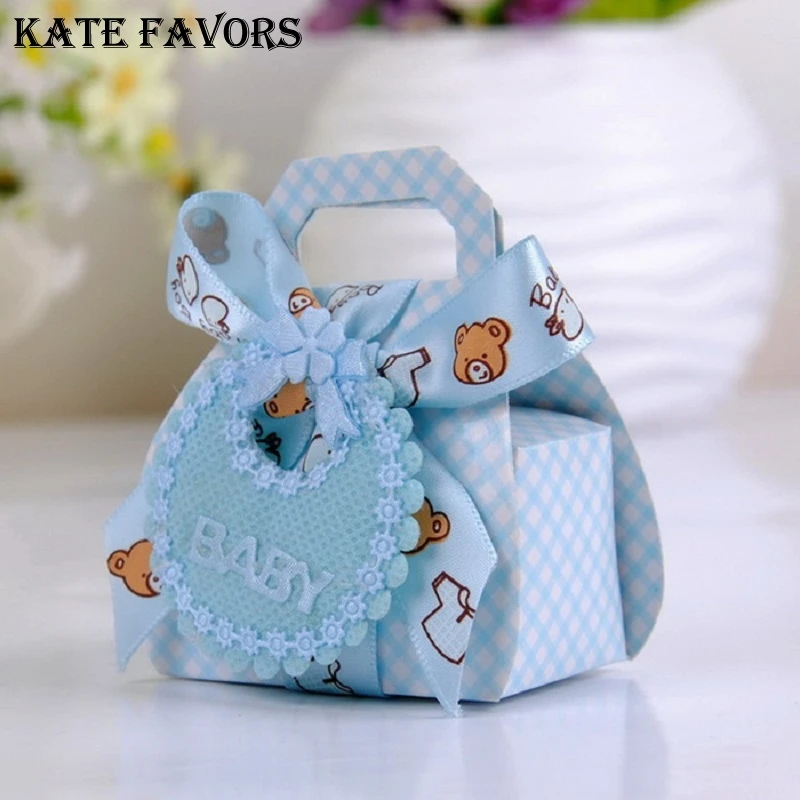الدب شكل DIY ورقة الزفاف هدية التعميد الطفل دش حزب صالح صناديق الحلوى مربع مع مريلة الكلمات و Ribbons12pcs