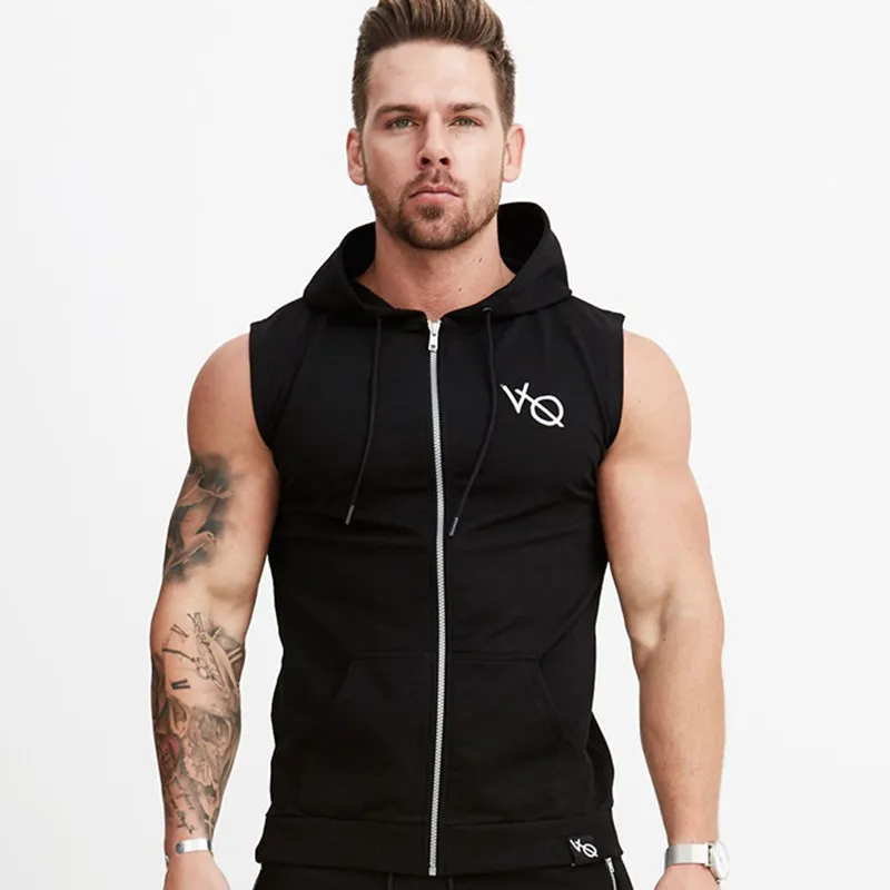 

Men Bodybuilding sleeveless Hoodie Gyms Fitness Workout Zipper Sweatshirt Cotton Solid Hooded Vest Tank top Crossfit Clothing