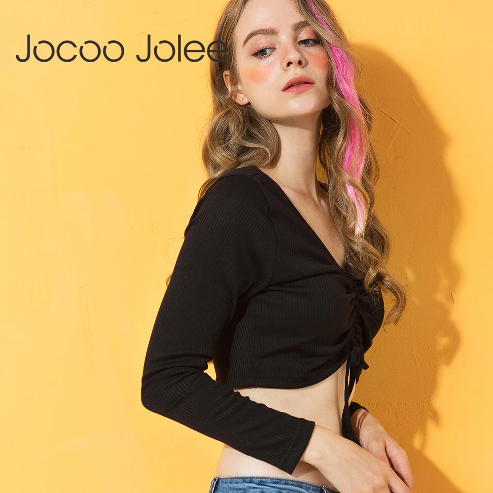 Jocoo Jolee 2018 тонкая женская блузка с V образным вырезом и длинным рукавом кулиской