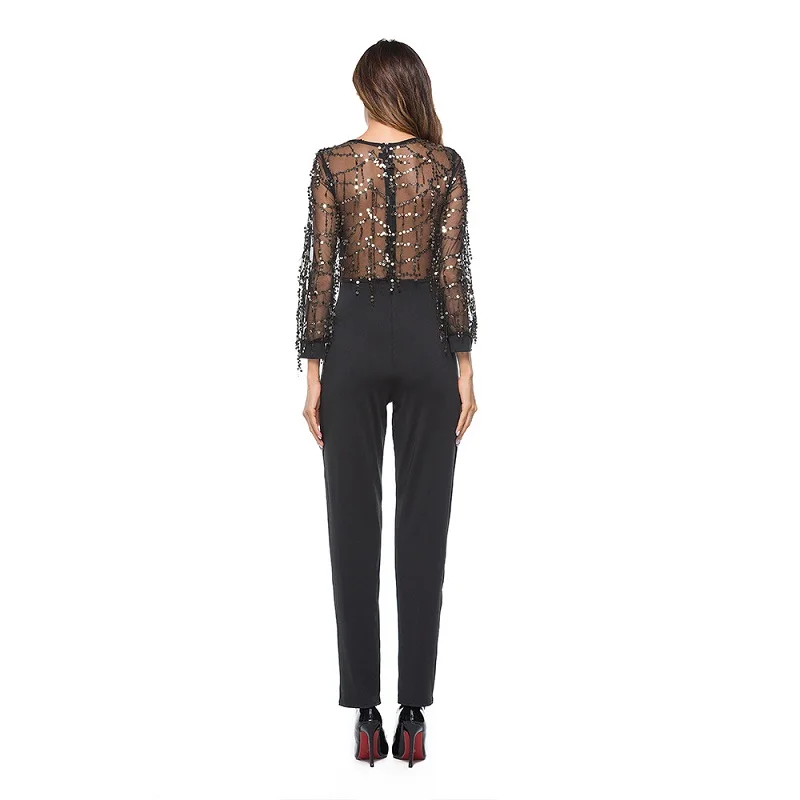 Sexy Women V-neck Sequins Body Rompers Womens Jumpsuit 2019 Summer Mesh Long Sleeves Tassel Playsuit Overalls Bodysuit