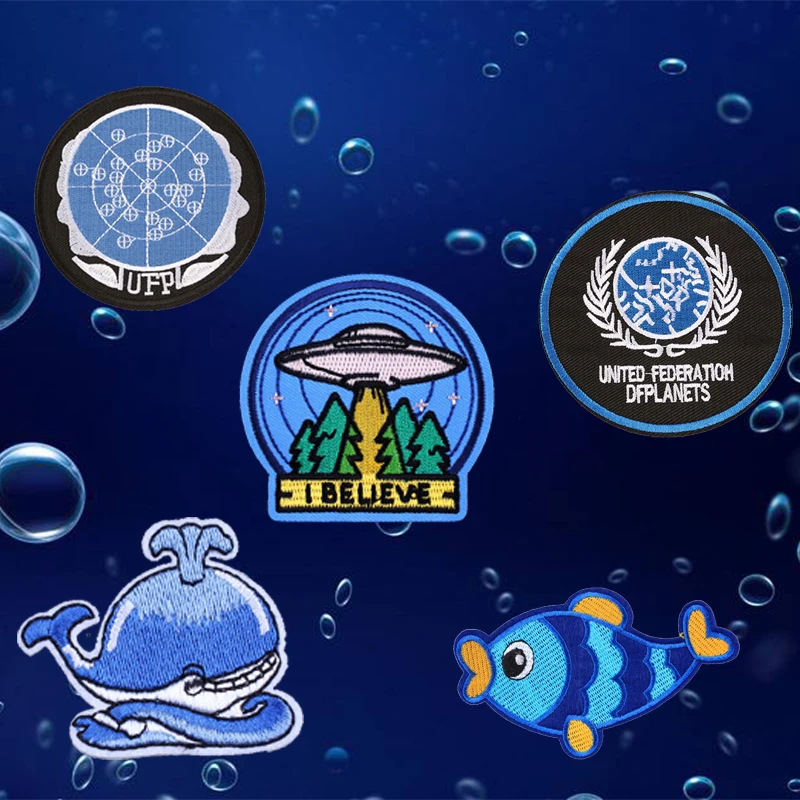

Pulaqi UFO Space Airship Patches Iron On Whale Badge Decorate Astronaut Patch Jeans Jackets Bag Clothes Decoration Applique D