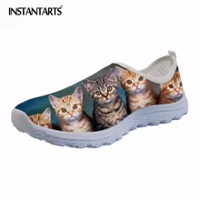 INSTANTARTS Летняя обувь без застежек на плоской подошве Повседневное Для женщин Mesh Sneaker обувь для девочек милый кот печати Лоферы легкий Туфли без каблуков женские